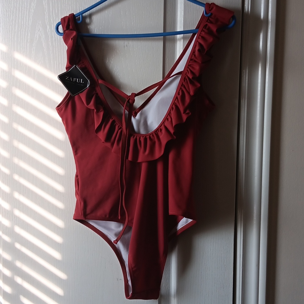 Zaful Crimson Ruffle Swimsuit - Picture 2 of 5